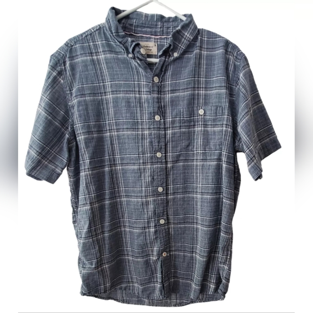 Weatherproof Vintage Mens Linen Blend Shirt L Button‎ Front Blue Plaid SS FLAW